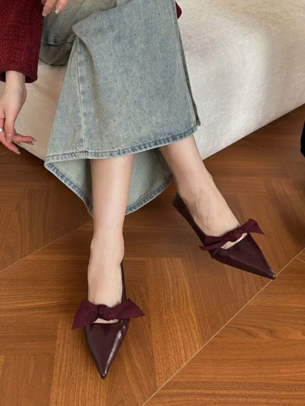 Burgundy Preppy Women's Elegant Bowknot Criss Cross Plain Slip On Pumps